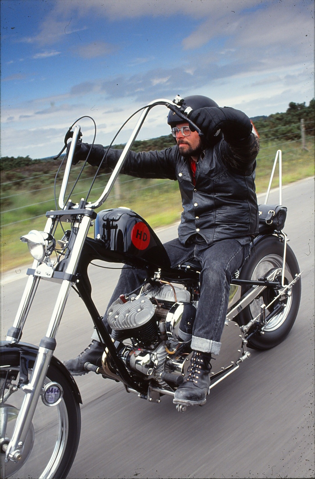 Prof riding his WL45 Chopper. Now those are Apehangers alright. Photos from this photoshoot appeared in a book that Caz Carroll and I published called ‘Harley 45s Warhorse and Workhorse’. Apparently it’s quite collectable nowadays. The chain drive is...