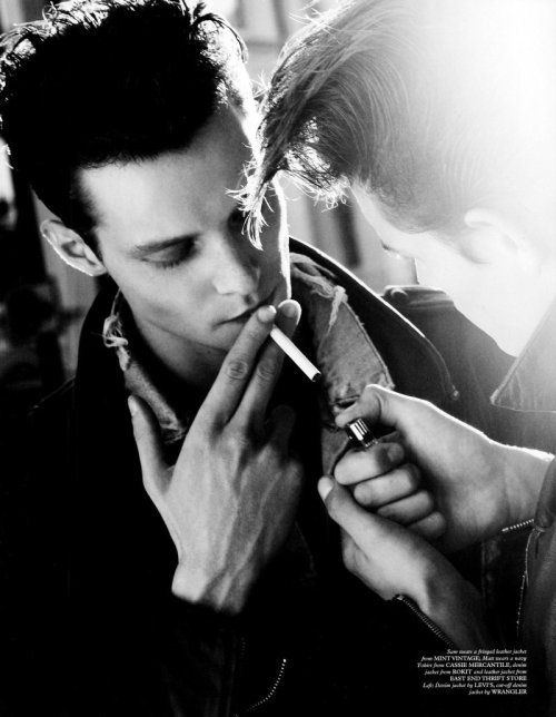 garcon-portraits:  gothicnarcissus:  Matthew Hitt & Alex Gilbert by Cuneyt Arkeroglu. For Wonderland Magazine. I just love the feelings of this photo. A lot. ♥  I finally know who is lighting up the cigarette for Matt  