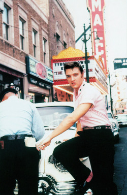 vintagegal:  Elvis Presley outside Jim’s Barber Shop on Main Street in Memphis, 1956 