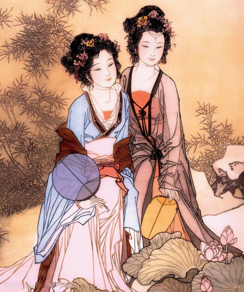 peonypavillion: Beautiful drawing of two Tang dynasty women out in the peony gardens :) I do not ow