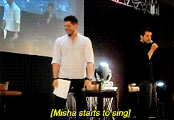 Jensen reading Misha’s resume and Misha demonstrating some of his skills [x] 