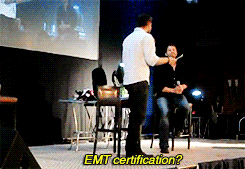 Jensen reading Misha’s resume and Misha demonstrating some of his skills [x] 