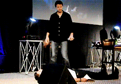 Jensen reading Misha’s resume and Misha demonstrating some of his skills [x] 