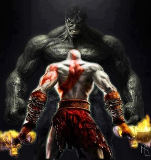 chupielpameco:  me-convierto-en-geek:  Esto sería ÉPICO!  kratos vence a dioses y no va a poder vencer a un weon verde con la poronga muerta? HA!  kg hulk xd!