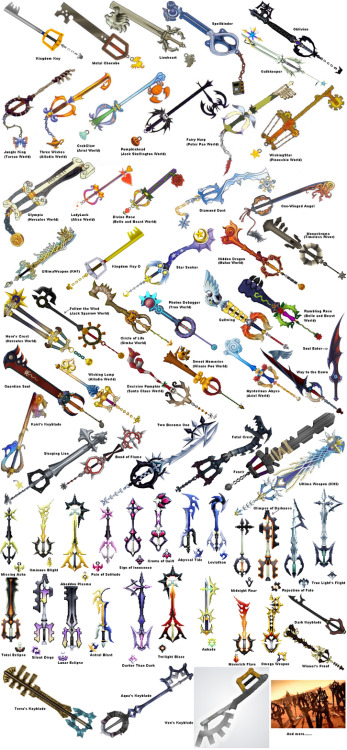 luckyf13:  tuprincesaestaenotrocastillo:  TODAS las llaves espada de Kingdom Hearts. ¿Cuál es tu preferida?  I don’t read spanish but all the keyblades so cool 