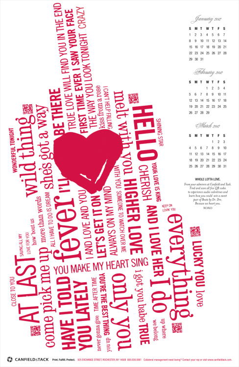 Love is in the air. Print management experts Canfield & Tack wanted to express their love to existing clients. I worked with copywriter Robin Lohkamp to develop this valentine for Winter 2012 complete with embedded QR codes that linked to five online...