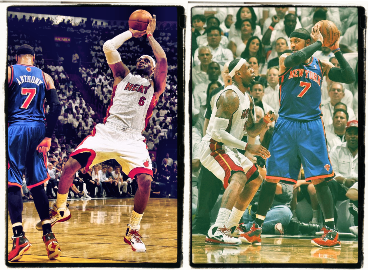 fuckyeahkingjames:  ‘Melo defense vs. ‘Bron defense. 