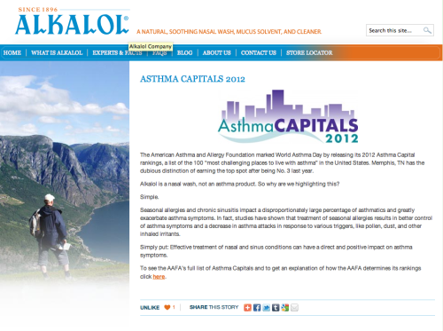 Alkalol Nasal Wash Blog: The 2012 Asthma Capital rankings were released today, a good time to remind everyone that effective treatment of seasonal allergies and chronic sinusitis can help control asthma symptoms and reduce the number of asthma...