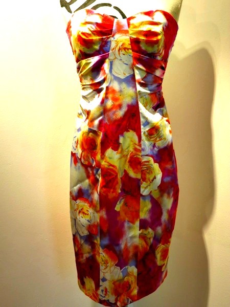 David Meister floral silk strapless dress. Available at our West Palm Beach location.