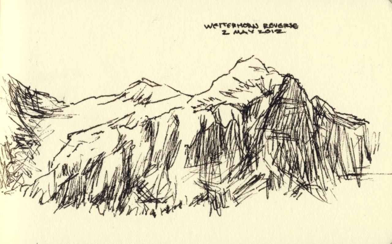 30 Days of Sketches: Day 23
Wetterhorn Reverse
15 minutes, sketchbook, fine-point uni-ball Vision Needle.
“ The Wetterhorn (3,692 m) is a mountain in the Swiss Alps close to the village of Grindelwald. First climbed Aug. 28, 1844, by Stanhope T....
