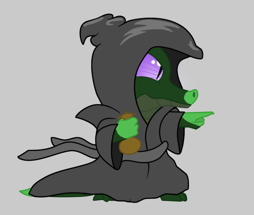 Gummy as a villain wearing a small black cloak and pointing at something. Made this