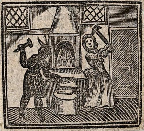 themacabrenbold: “A witch and a devil making a nail with which to make a boy lame, woodcut, 17