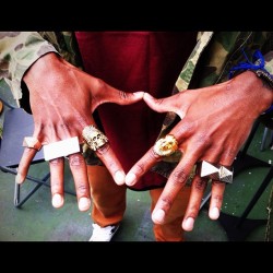 hancholola:  Mateo from DYNT (Do You, Not Them) with the baby and big pyramid ring, indian chief ring, and the chuy vato ring 