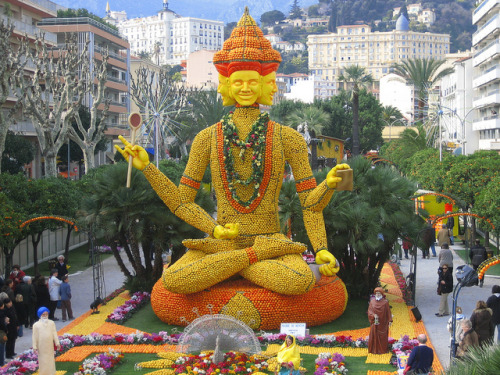 Buddha statue completely made of lemons in Menton, Cote d'Azur, France (by raymond chenon).