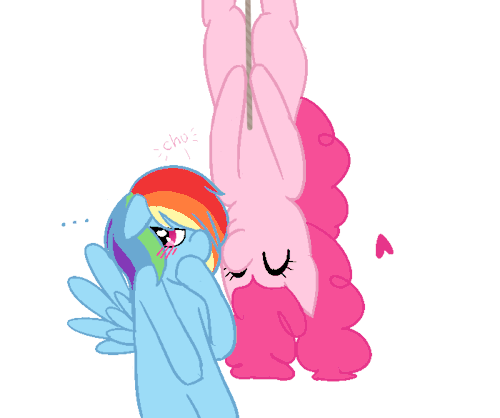 askpinkiedash:  PinkieDash headcanon: Even though Rainbow Dash could easily be the one to fly upside down and kiss Pinkie, she’s too shy so Pinkie Pie often pulls surprise kisses on her in different ways, like pranks. 