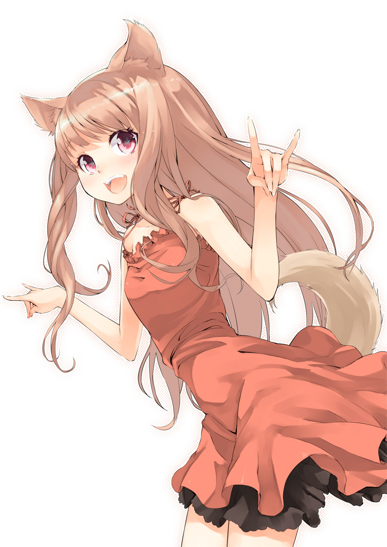 alexiass:/ 1girl bare shoulders brown hair :d dress fox tail kemonomimi kitsunemimi