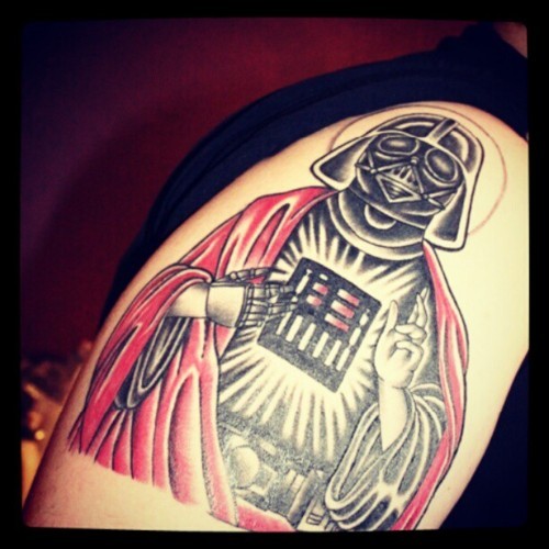 fuckyeahtattoos:  http://conquertraviss.tumblr.com/ May the 4th be with you always! start of a sleeve  Saint Vader!