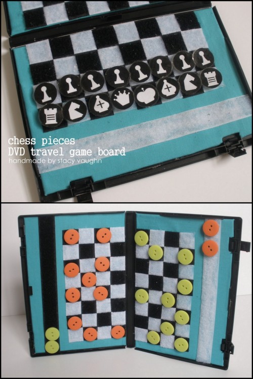 rainbowsandunicornscrafts:DIY Recycled DVD Case Travel Chess Game. Stacy uses her Velcro game board 