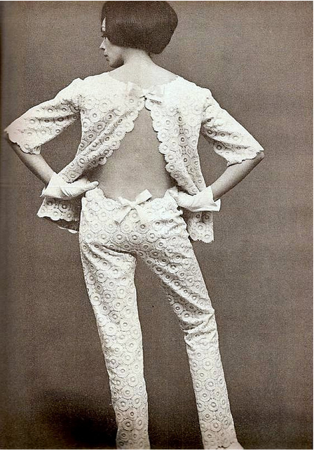 Backless lace trouser suit in Vogue, April, 1964. 