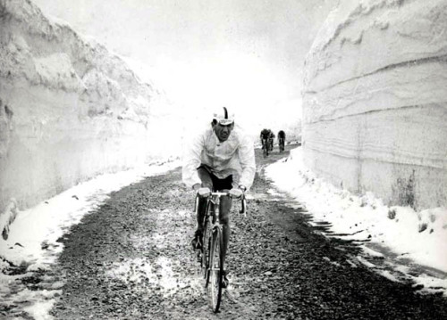 cadenced: Vittorio Adorni crosses the snow-covered Stelvio Pass in the Giro d’Italia. Thanks to Vel
