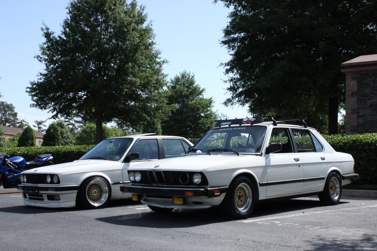 slambucket:
“ My E28 and an E30, both white, and both on BBS wheels. His are just more expensive than mine and he’s lower. (Not for long)
”