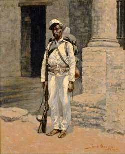 museumuesum:  Frederic Remington (American, 1861–1909)Mexican Soldier, 1888Oil on canvas17 x 14 in. (43.18 x 35.56 cm) 