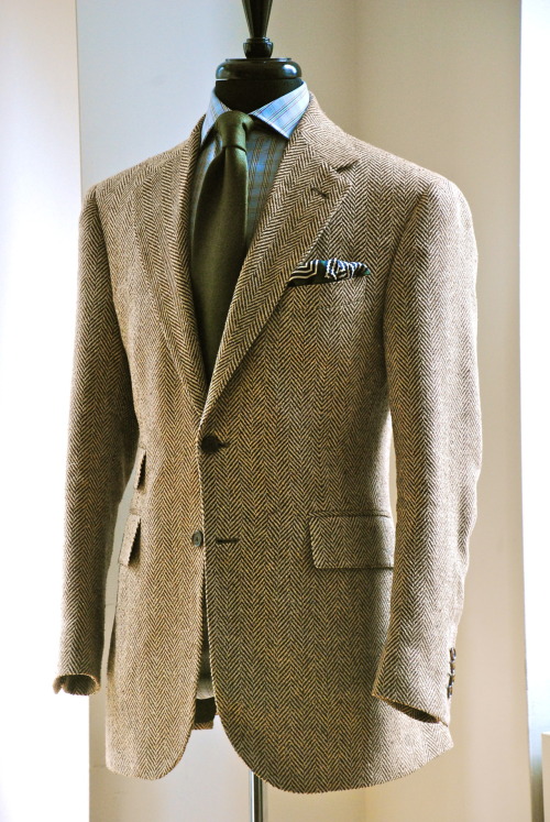 manolocostanewyork: Antiqued tan Herringbone Sport Jacket, Notch, Ticket/Flap Pockets. Linen/ Silk B