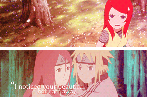 tokiiniame-deactivated20170913:  Minato: I noticed your beautiful hair right away. Kushina: I’m happy. Happy that you loved me. 