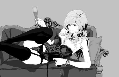 shinat0se:  ©tempo  Nothing says ‘femme fatale’ like monochrome, a glass of champagne, and a loaded mauser.