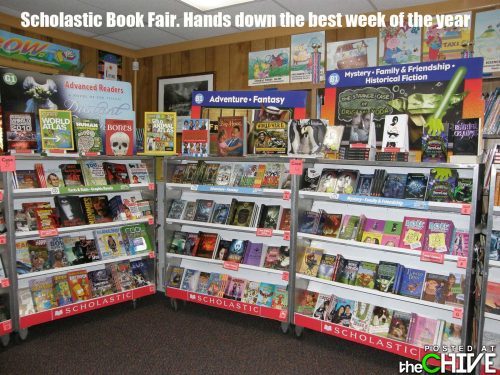 When I was a kid, I used to love the Book Fair even though we couldn’t afford to buy anything. Then once I was looking at books on the lower shelves and some adult leaned on the shelf from the other side. Now these things have wheels, see, so it