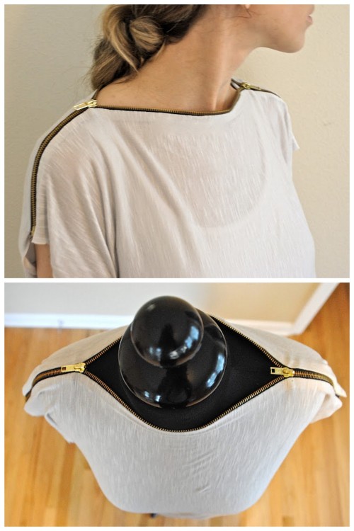 DIY Tee Shirt Restyle with Zipper NecklineTutorial from Trash to Couture here. I love zippers in cra