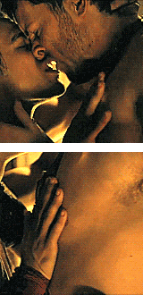 dangfury:  Ah yes, this scene again. Surprised? xD Agron’s hand coming up a moment then going right back down; he doesn’t know what to do with himself. xD Nasir’s hand sliding down Agron’s face to rest on his chest The lip-bite for sure!! and