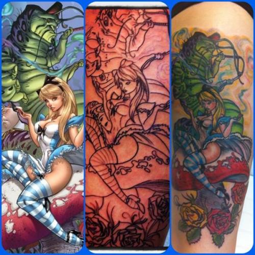 fuckyeahtattoos:  this is my tattoo journey, my trip to wonderland. this is the original picture, the outline, and the finished product. this was done in Fresno Cali by Mario at RedWave Tattoo. This took 6 and a half hours total and i took it all in one