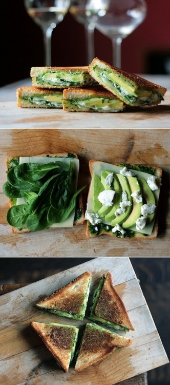 great grilled sandwich pesto/goatcheese/avocado/ricotta/spinach I most definitely do not ever reblog food, but wow. Just take it in, and wow.