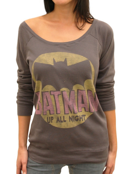 fashiontipsfromcomicstrips:  One of the few perks of this dreary, rainy weather in New England is that we can still cozy up in layers and lightweight sweatshirts, such as these superheroic tops from Junk Food Clothing. Batman Vintage Crew Neck Sweatshirt,