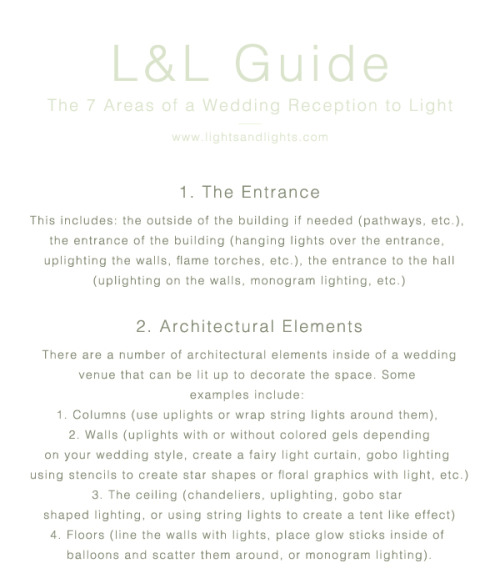 The 7 Areas of a Wedding Reception to Light by Lights &amp; Lights: For more wedding lighting gu