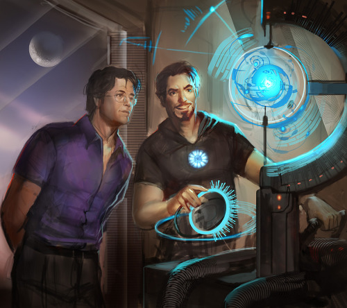 juliedillon:Quick fan art sketch. Tony and Bruce, hangin’ out at Stark Tower, being science br