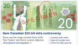 officervakarian:  so the controversy is that those two buildings look like the twin towers and the statues within that red circle are of naked women but when I first glance at this bill the two white bits look like a chubby lady’s legs and the queen