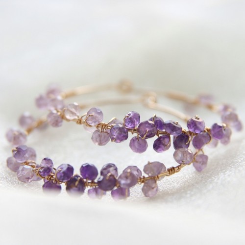 amethyst wrapped goldfilled hoops