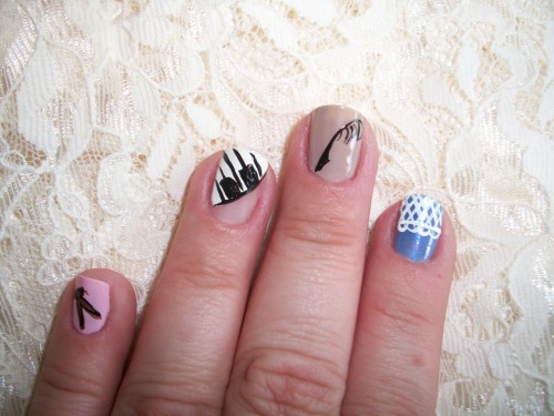 gelanails:  Inspired by movie “Little Women”, L-R: Amy’s clothespin, Beth’s piano, Jo’s feather pen,