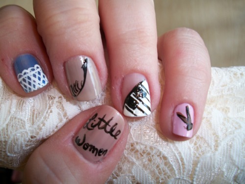 gelanails:  Inspired by movie “Little Women”, L-R: Amy’s clothespin, Beth’s piano, Jo’s feather pen,