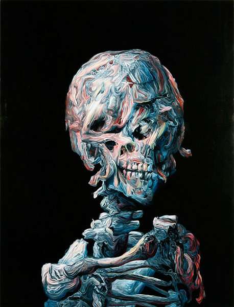 hifructosemag:  Oscillating between grotesque portraiture and abstract gelantious shapes, artist Glenn Brown’s works apply masterful color knowledge with an interesting, loose paint application. The turbulence of the paint technique contrasts with