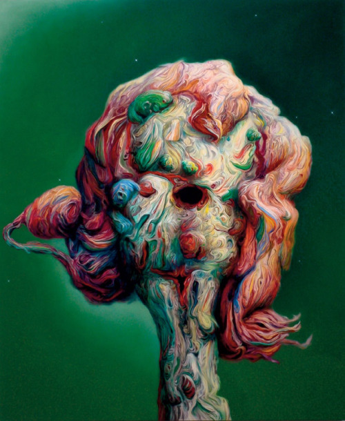 hifructosemag:  Oscillating between grotesque portraiture and abstract gelantious shapes, artist Glenn Brown’s works apply masterful color knowledge with an interesting, loose paint application. The turbulence of the paint technique contrasts with