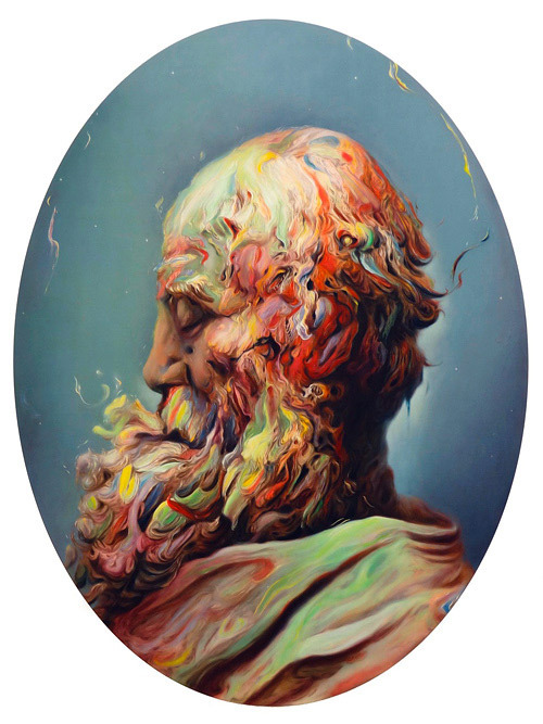 hifructosemag:  Oscillating between grotesque portraiture and abstract gelantious shapes, artist Glenn Brown’s works apply masterful color knowledge with an interesting, loose paint application. The turbulence of the paint technique contrasts with