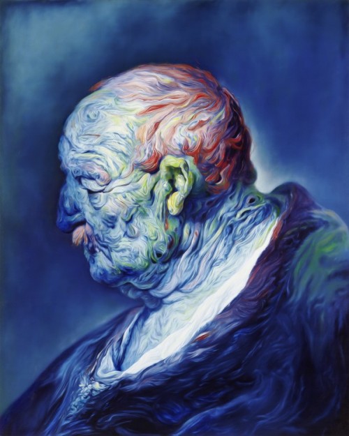 hifructosemag:  Oscillating between grotesque portraiture and abstract gelantious shapes, artist Glenn Brown’s works apply masterful color knowledge with an interesting, loose paint application. The turbulence of the paint technique contrasts with