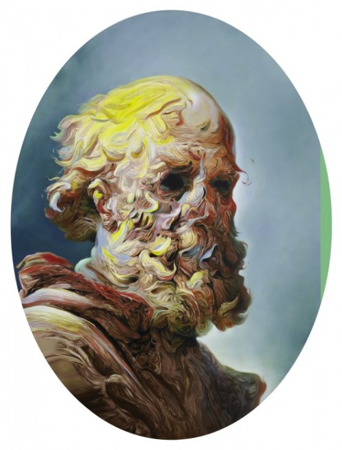hifructosemag:  Oscillating between grotesque portraiture and abstract gelantious shapes, artist Glenn Brown’s works apply masterful color knowledge with an interesting, loose paint application. The turbulence of the paint technique contrasts with