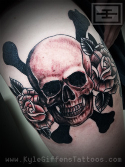 fuckyeahtattoos:  Skull and Cross bones I tattooed on my girlfriend. I’m not quite sure why she got it. But I’ve come to learn in this industry that you just dont ask. Sometimes the true meaning behind tattoos can be far to personal to want to share. 