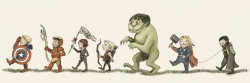 superpunch2:  Avengers in the style of Maurice Sendak. You can download wallpaper-sized resolutions at the link (where it says download on the right).  And here’s the artist’s Tumblr.  Via. 