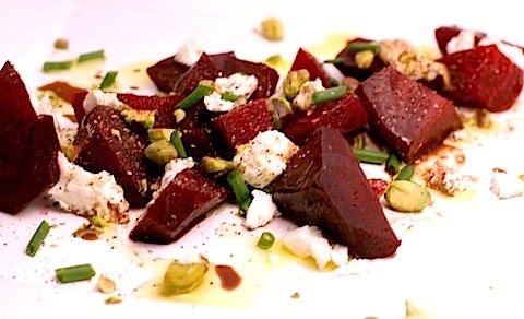 roasted beet salad with goat cheese & chopped pistachios  A delightful salad, sweet red beets ar