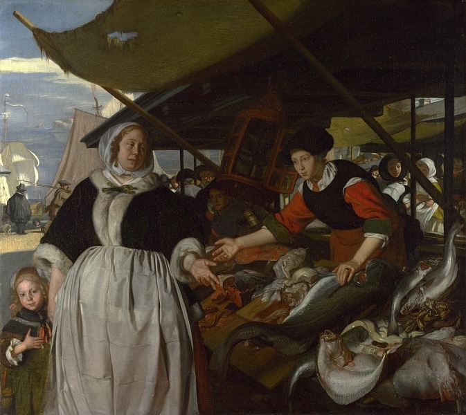 Emanuel de Witte, Adriana van Heusden and daughter at the new fishmarket (1662)